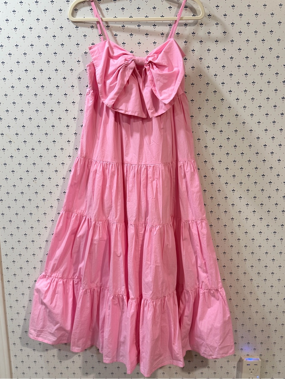 Mable Bubblegum Pink Big Bow Tiered Poplin Midi Dress - Size S